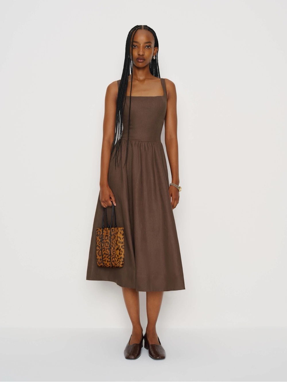 NEW Reformation Janu Square Neck Midi Linen Dress Chocolate Cake Brown US 6 UK10